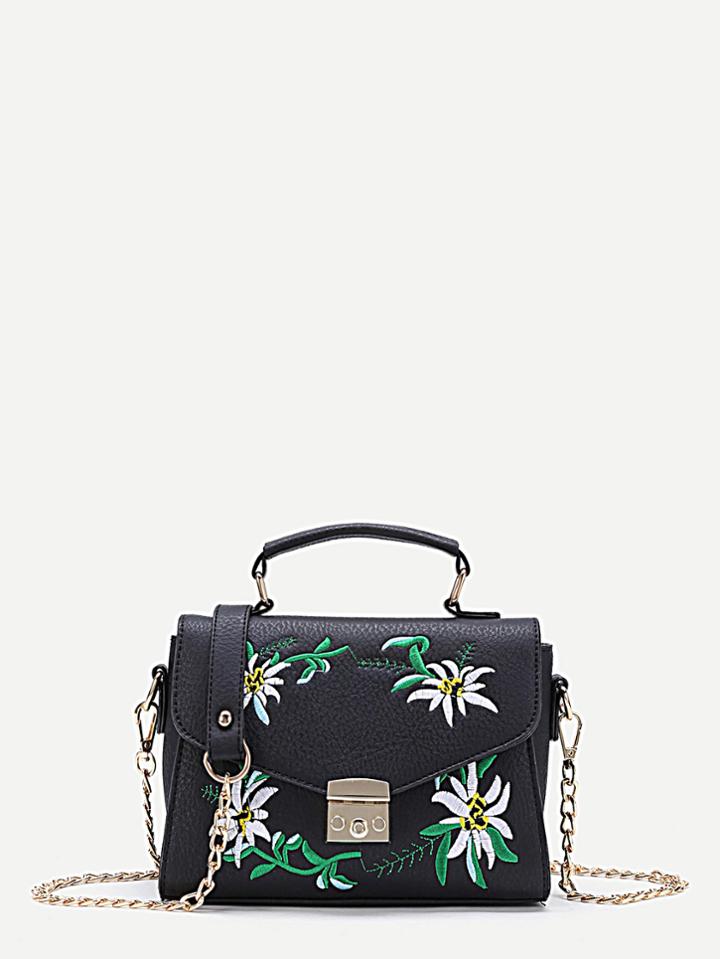 Romwe Flower Embroidery Chain Bag