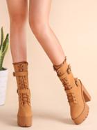 Romwe Camel Buckle Lace Up Chunky Heeled Boots