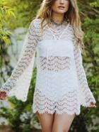 Romwe White Lace Up Sheer Scalloped Lace Dress