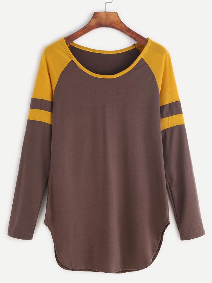 Romwe Brown Contrast Raglan Sleeve Curved Hem T-shirt