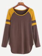 Romwe Brown Contrast Raglan Sleeve Curved Hem T-shirt
