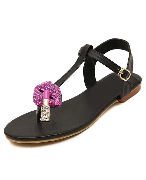 Romwe Black Rhinestone Lip Flip Flat Sandals