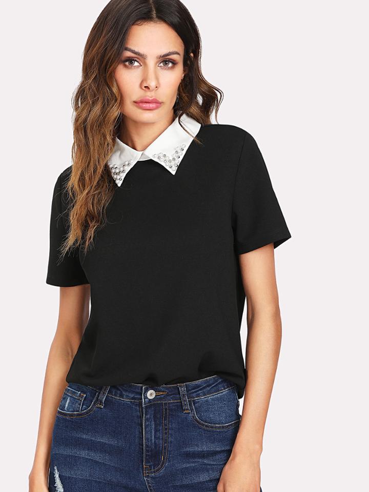 Romwe Pearl Embellished Contrast Collar Tee