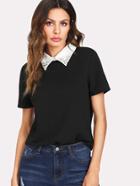 Romwe Pearl Embellished Contrast Collar Tee