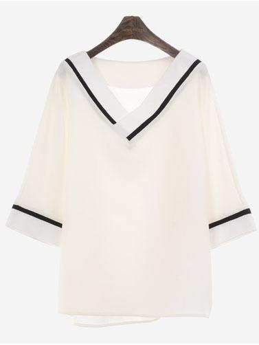 Romwe White V Neck Ribbed Splicing Loose Blouse
