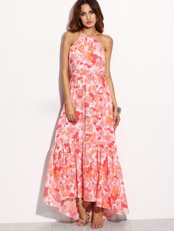 Romwe Halter Florals High Low Tie Back Ruffle Dress