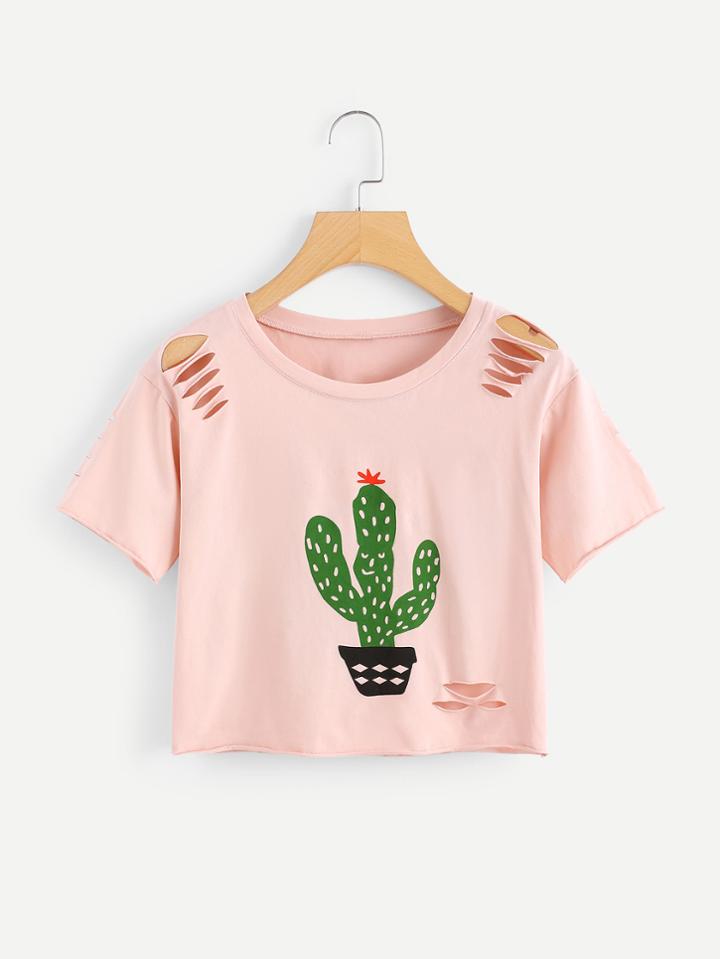Romwe Cactus Print Ripped Crop Tee