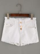 Romwe White Buttoned Fly Frayed Denim Shorts