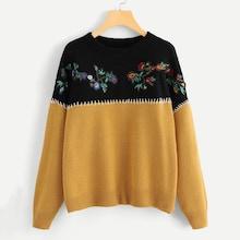 Romwe Embroidery Flower Applique Two Tone Jumper
