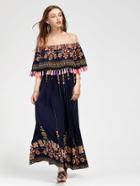 Romwe Flounce Layered Neckline Tassel Trim Aztec Print Dress
