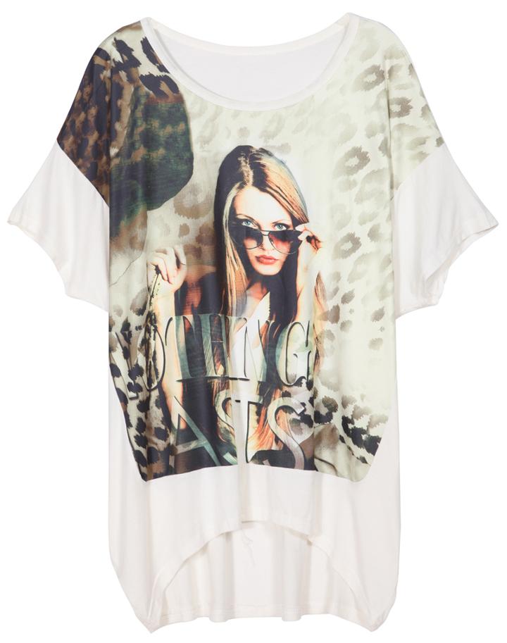 Romwe Dip Hem Beauty Print Loose White T-shirt
