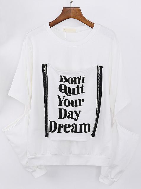 Romwe Letter Print Cutout Zipper Sweatshirt