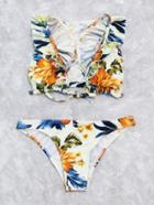 Romwe Flower Print Ruffle Plunge Neckline Bikini Set