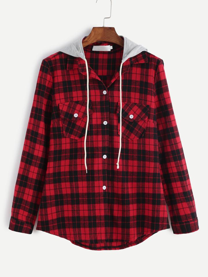 Romwe Red Plaid Dual Pocket Blouse With Removable Hood