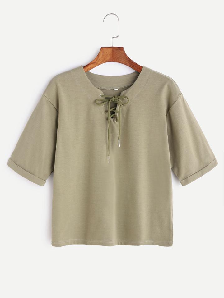 Romwe Green V Neck Lace Up Cuffed T-shirt