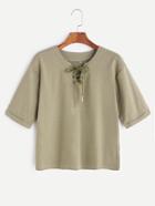 Romwe Green V Neck Lace Up Cuffed T-shirt