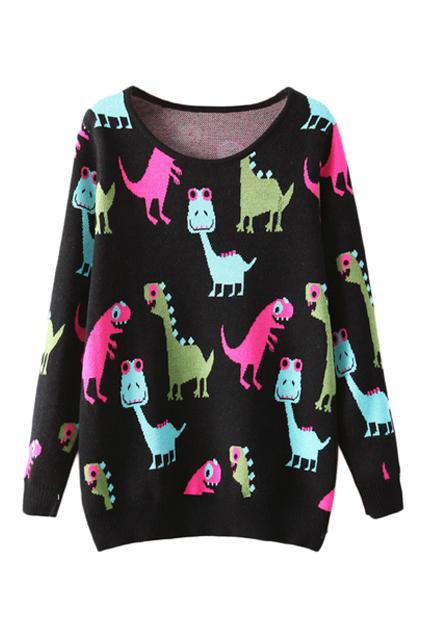 Romwe Cute Dinosaur Print Knitted Black Jumper