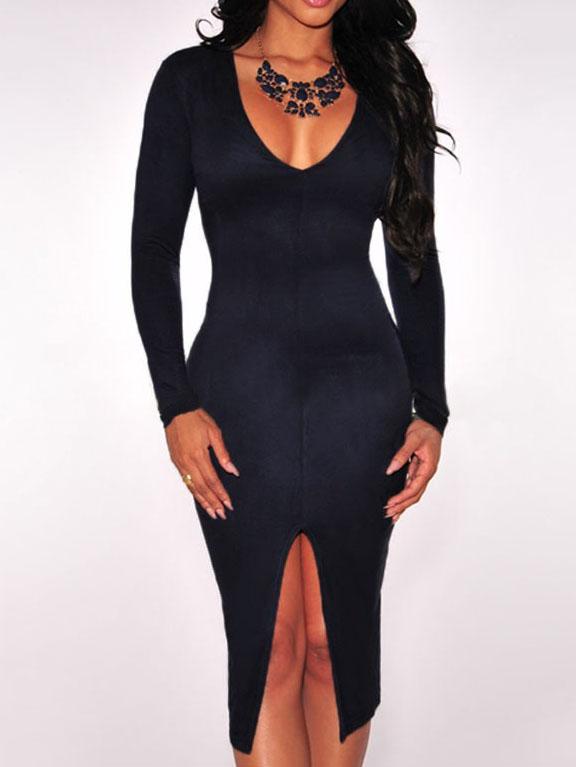 Romwe Deep Plunge Neck Split Front Bodycon Black Dress