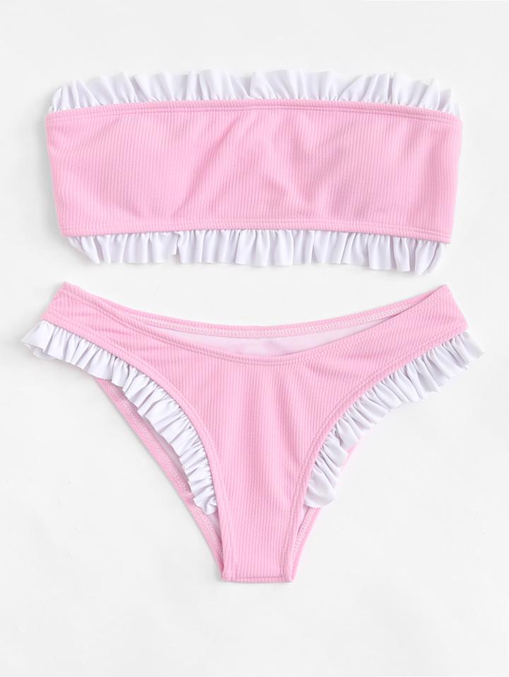 Romwe Ruffle Hem Bandeau Bikini Set