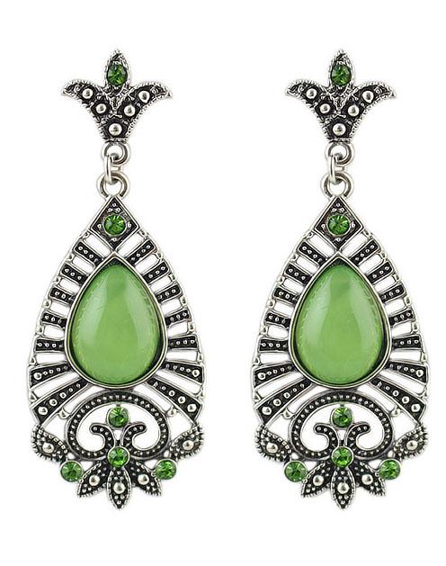 Romwe Green Drop Gemstone Silver Dangle Earrings
