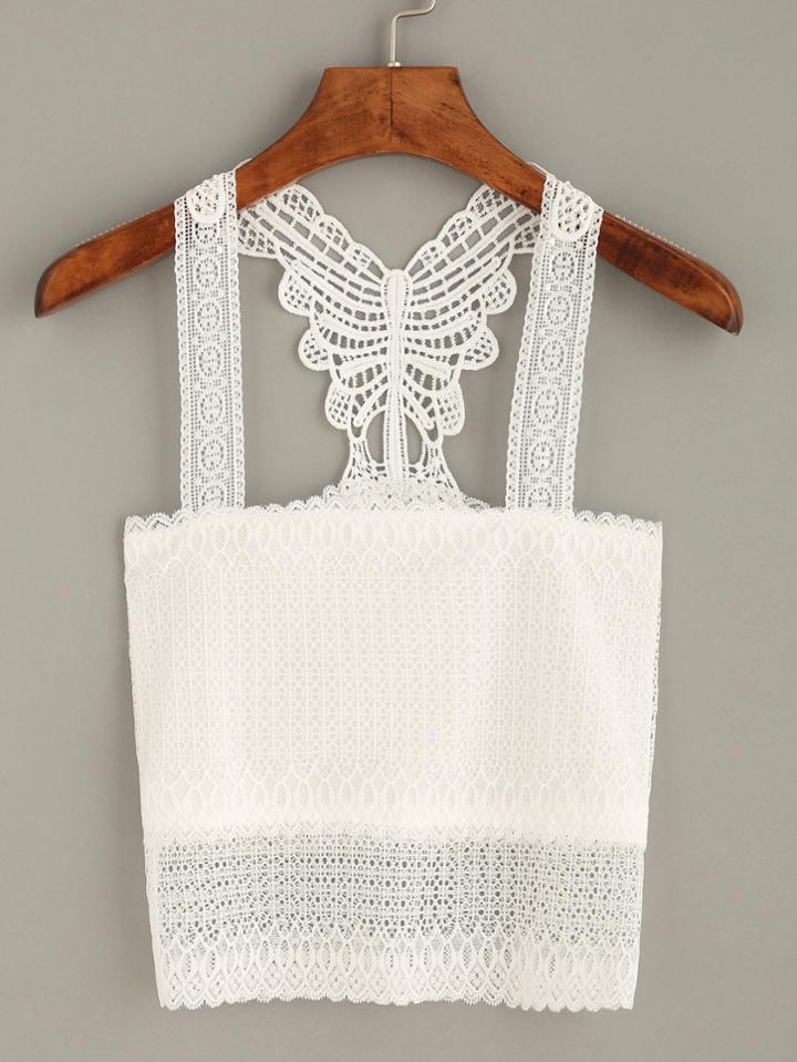 Romwe White Strap Lace Insert Hollow Top