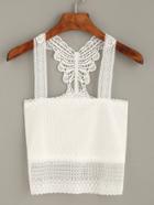 Romwe White Strap Lace Insert Hollow Top