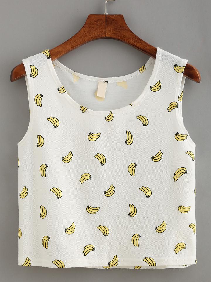 Romwe Banana Print Crop Tank Top - White