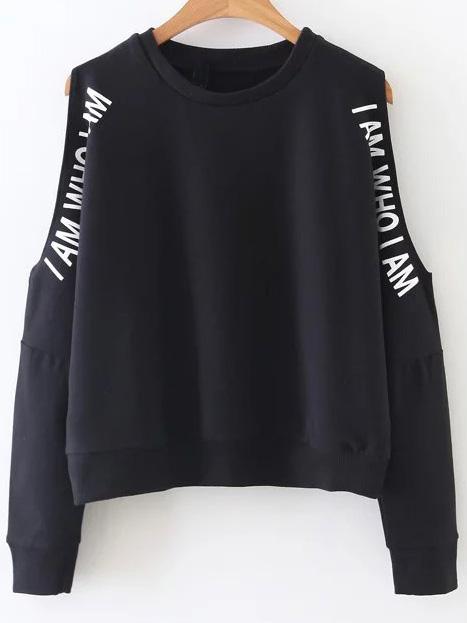 Romwe Black Letter Print Open Shoulder Sweatshirt