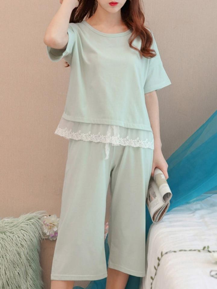 Romwe Contrast Lace Top & Pants Pj Set