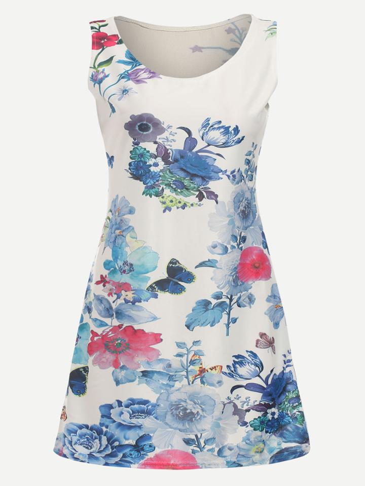 Romwe White Floral Print Sleeveless A-line Dress