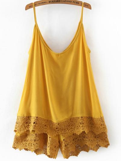 Romwe Yellow Spaghetti Strap Lace Jumpsuit