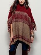 Romwe Mock Neck Striped Fringe Poncho