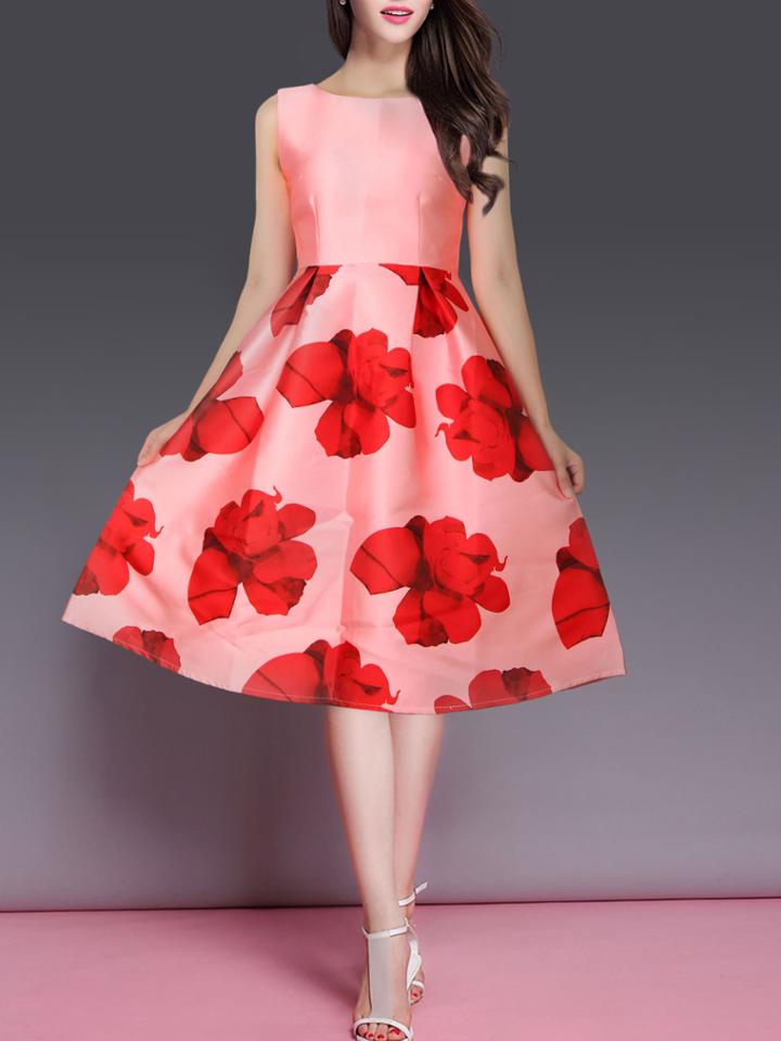 Romwe Sleeveless Florals Flare Pink Dress