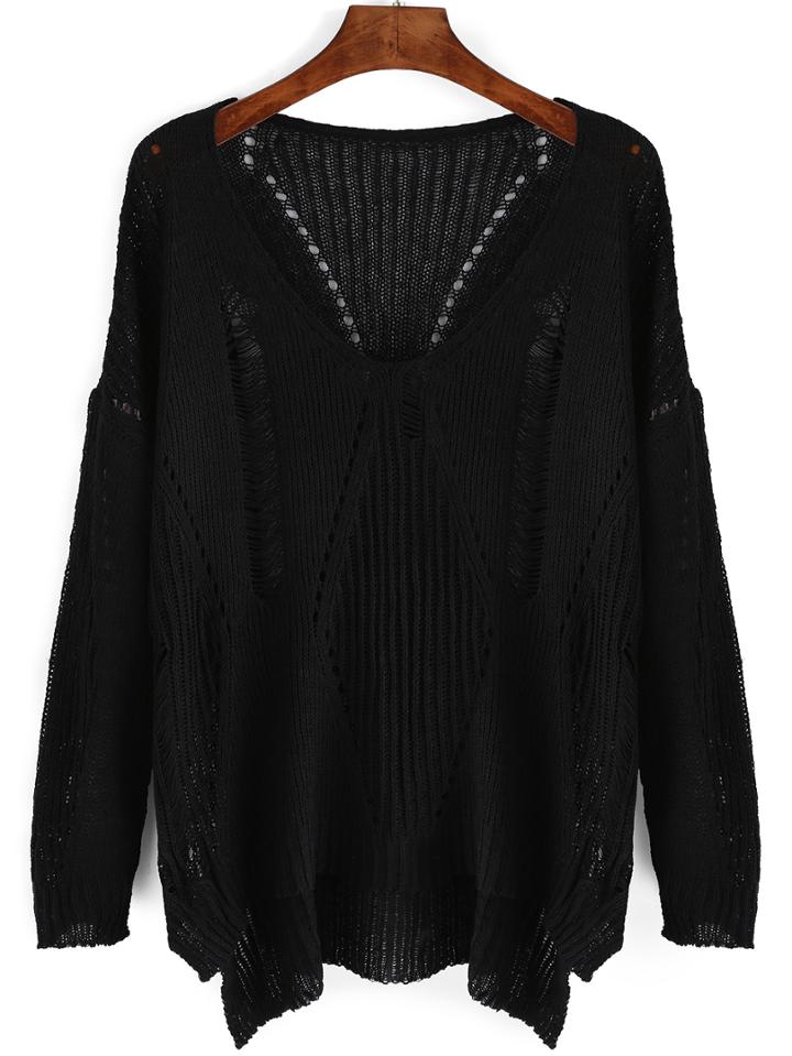 Romwe V Neck Ripped Slit Black Sweater