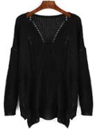 Romwe V Neck Ripped Slit Black Sweater