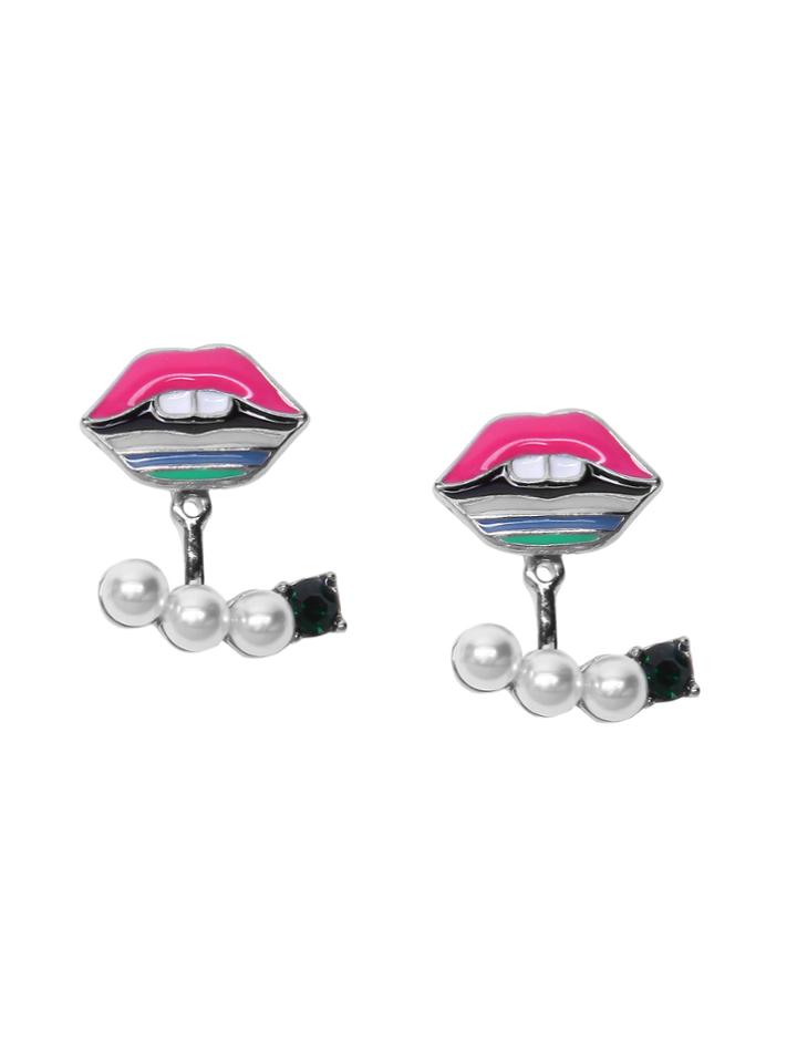 Romwe Silver Tone Lip Design Faux Pearl Drop Earrings