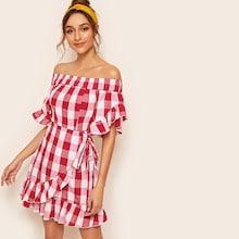 Romwe Bardot Ruffle Trim Gingham Knotted Dress With Wrap Skirt