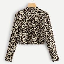 Romwe Leopard Stand Neck Crop Tee