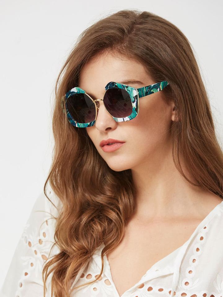 Romwe Jungle Print Frame Contrast Lens Sunglasses