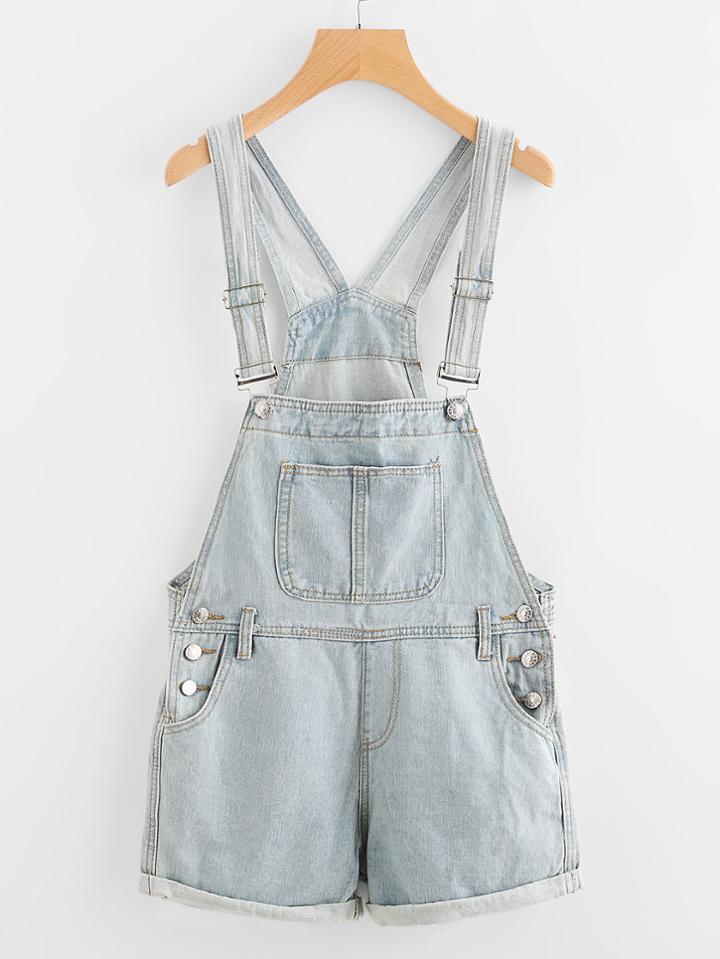 Romwe Button Detail Cuffed Denim Dungaree Shorts
