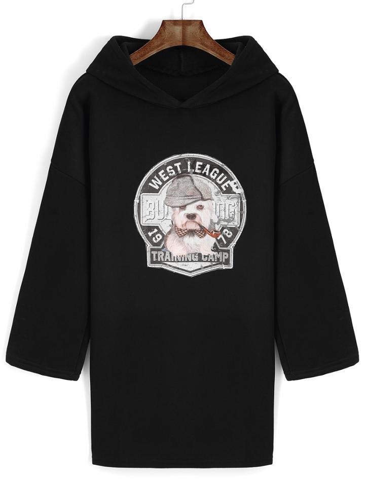 Romwe Hooded Dog Patch Long Sweatshirt