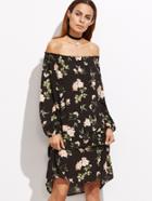 Romwe Black Florals Off The Shoulder Lantern Sleeve Dress