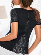 Romwe Black Lace Insert Bow Back Short Sleeve Top
