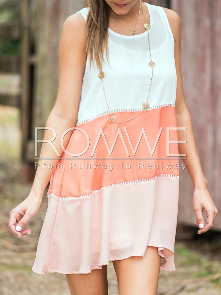 Romwe White Pink Sleeveless Color Block Dress