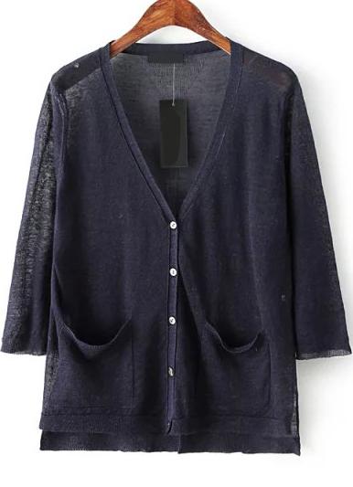 Romwe With Pockets Dip Hem Navy Cardigan