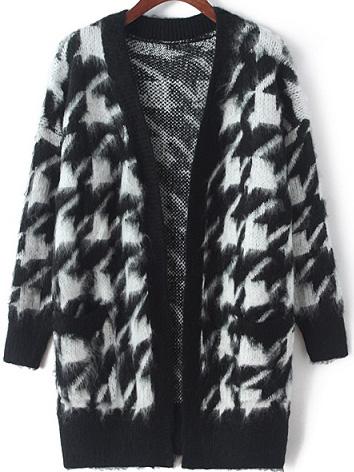 Romwe Houndstooth Fuzzy Black Coat