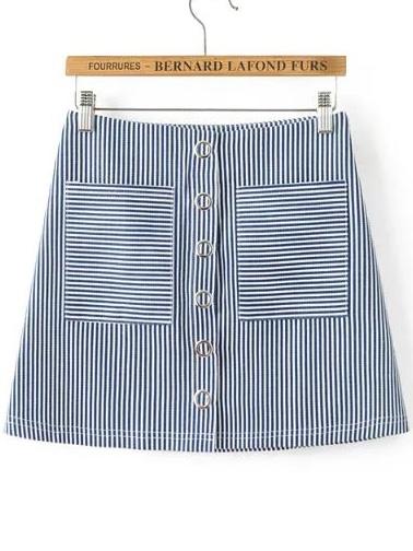 Romwe Blue Vertical Striped Eyelet Detail Skirt With Pocket