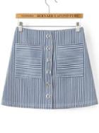Romwe Blue Vertical Striped Eyelet Detail Skirt With Pocket