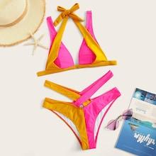 Romwe Two Tone Triangle Top With Cut-out Bikini Set
