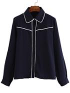 Romwe Contrast Edge Buttons Navy Blouse